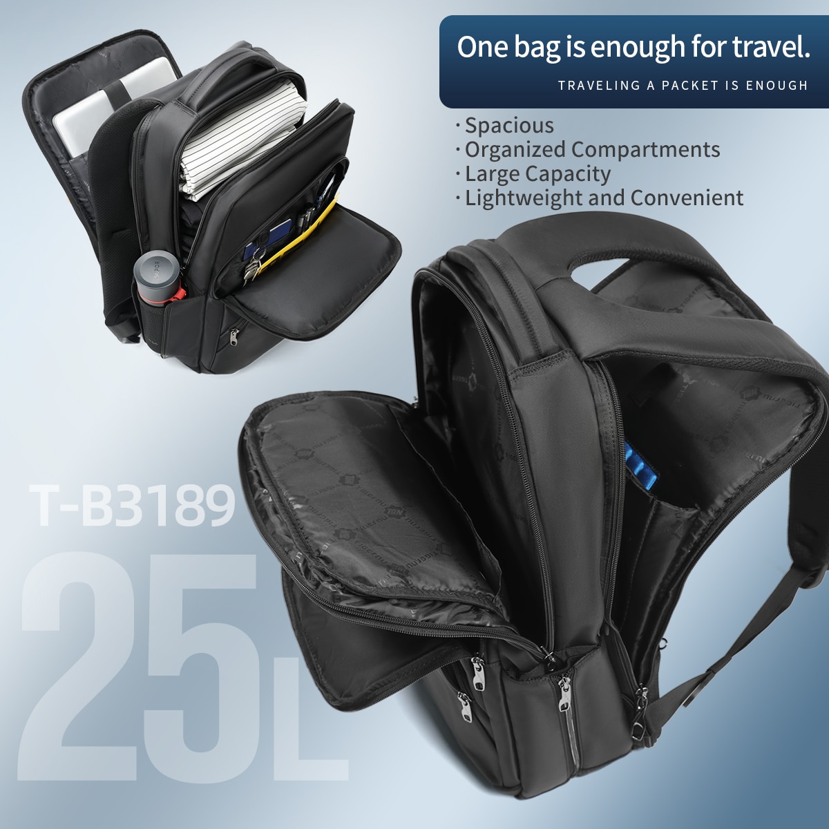 Rucsac laptop 17", smart business pentru calatorii, cu compartiment antisoc, Tigernu, 32x20x48 cm, Negru