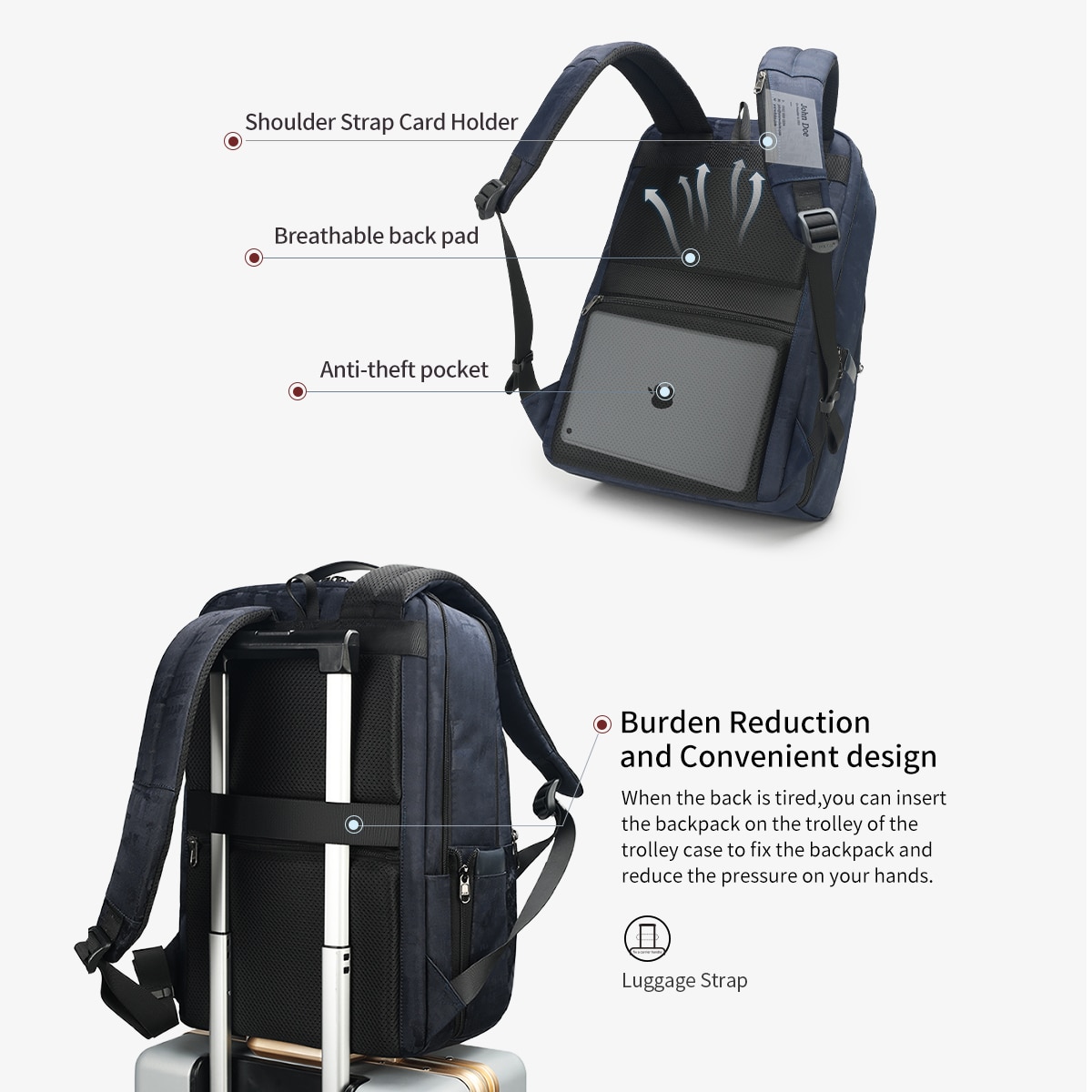 Rucsac laptop 15.6", casual business cu aspect retro, impermeabil, cu buzunar antifurt, Tigernu, 30x20x44 cm, Albastru