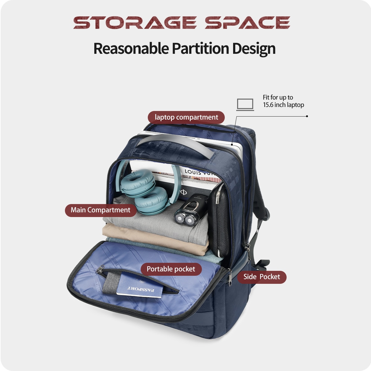 Rucsac laptop 15.6", casual business cu aspect retro, impermeabil, cu buzunar antifurt, Tigernu, 30x20x44 cm, Albastru
