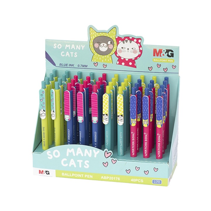 Pix retractabil, So many cats, albastru, 0.7mm, 40 buc/display M&G