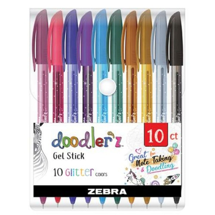 Set stilou cu gel Zebra Doodler'z Glitter, 10 culori