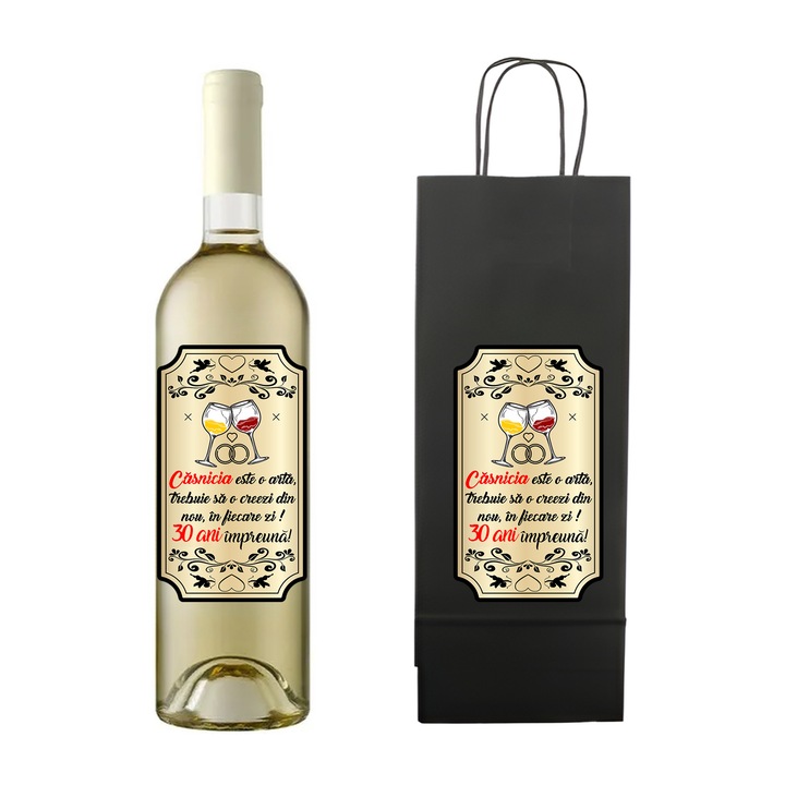 Set personalizat sticla de vin rose, demisec, 750 ml si punga de cadouri cu imprimeu Casnicia este o arta, 30 ani impreuna