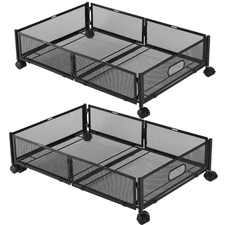 Комплект от 2 подкреватни кутии за съхранение, WALALLA, със спирачни колела и дръжка, за легла/дрехи/играчки/книги, 63×42×15.8см, метал, черен