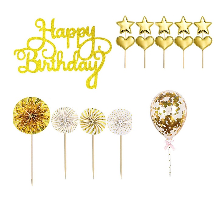 Декорации за торта GOGOU®, Честит рожден ден, Златист, Комплект от 16
