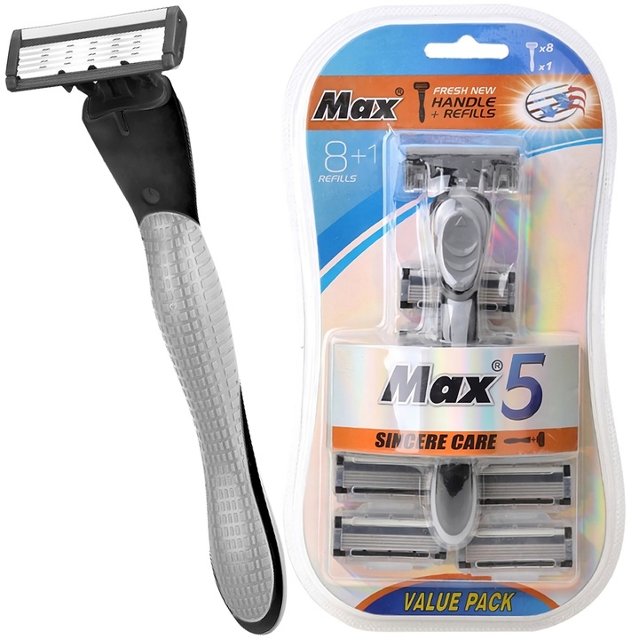 Aparat de ras de unica folosinta cu 5 lame si cap mobil + 8 lame de rezerva, compatibil XXL