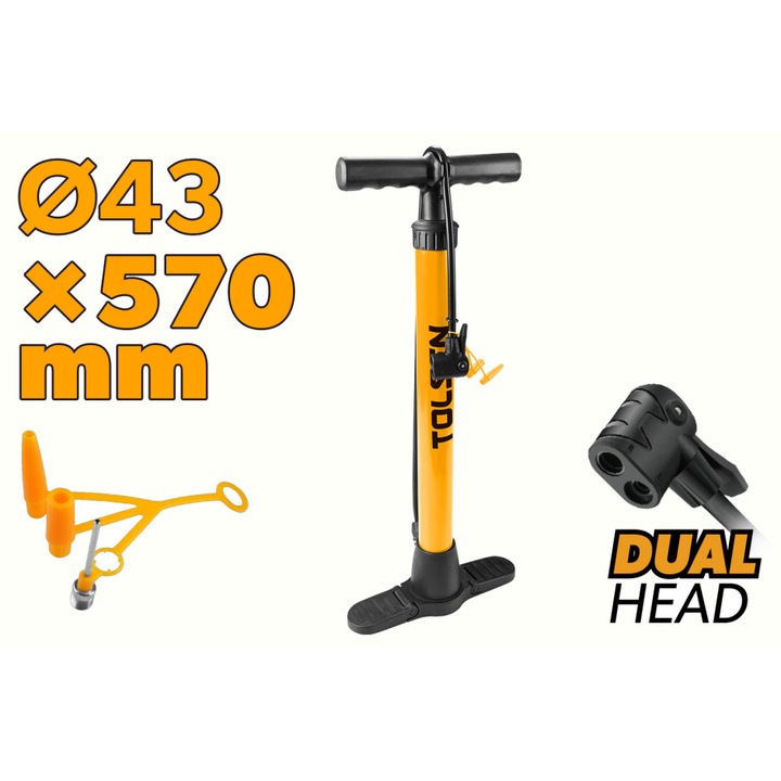 Pompa bicicleta TOLSEN, 430mm, Cap dublu compatibil Presta, Schrader si Dunlop, Presiune maxima 80 PSI / 5.5 bar, Maner ergonomic, Butoi metalic, Inclus ac pentru minge si ac de gaz
