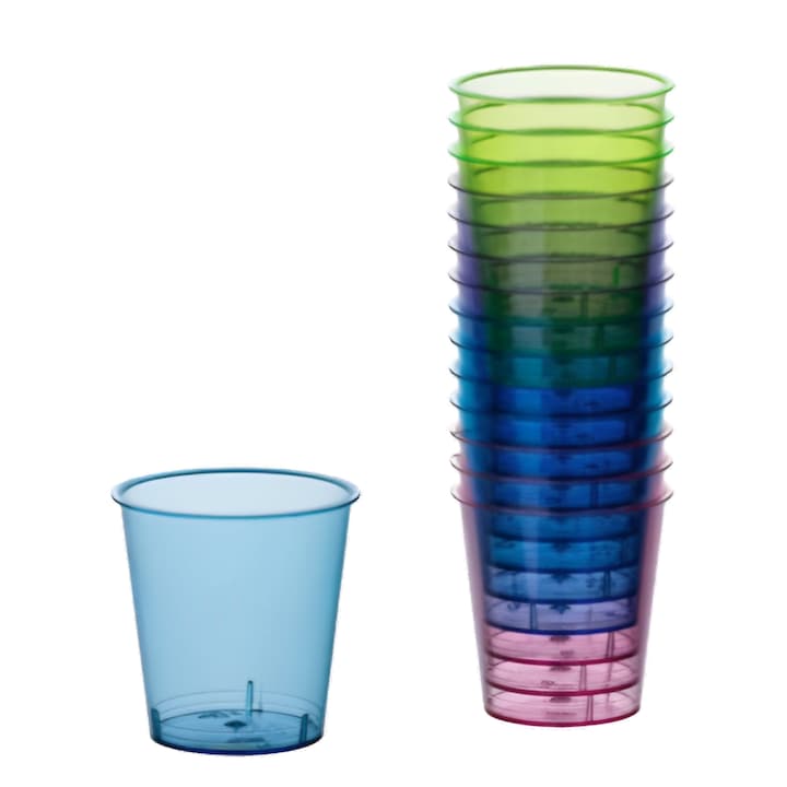 Újrafelhasználható műanyag shot szemüveg 4 halvány színű 30ml - 16db