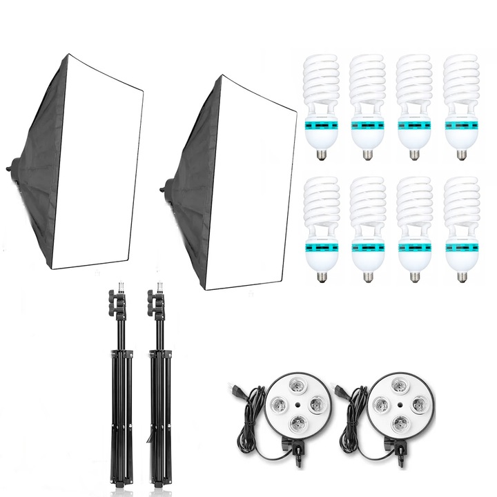 Kit lumini foto-video E27 cu 8 becuri 135W Daylight cu 2 x softbox 60 x 80cm si 2 x stativ 210cm