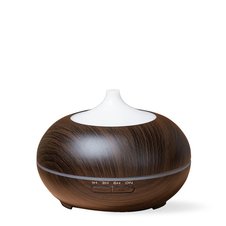 Difuzor aromaterapie/umidificator cu ultrasunete, Botanical - VOLCANO, LED 7 culori, silentios, temporizator, 300ml stejar inchis