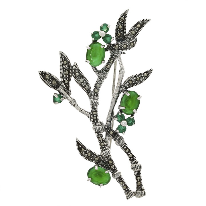 Brosa Argint Verde Florala Cristale Colorate