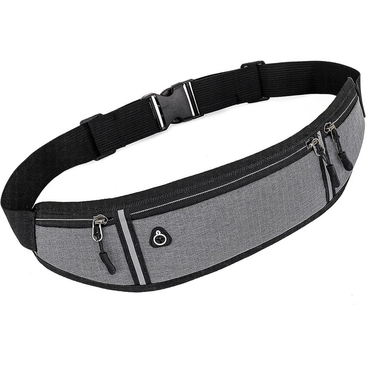 Husa sport, Universala, Tip borseta, Buzunare cu fermoar, 3 compartimente, Ideala pentru alergat / drumetii, Perforatie pentru casti, Gri