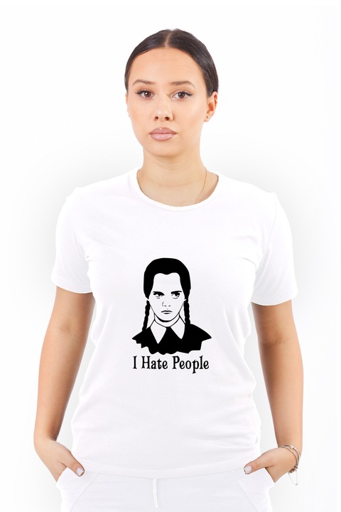 Tricou pentru femei personalizat cu imagine wednesday i hate people, Bumbac, Alb, XL
