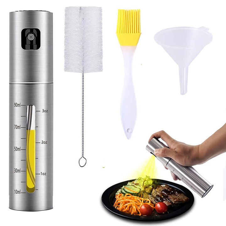 Set pulverizator ulei, perie silicon, perie curatare, trichter, inox, 100ml, argintiu, 4x4x18cm