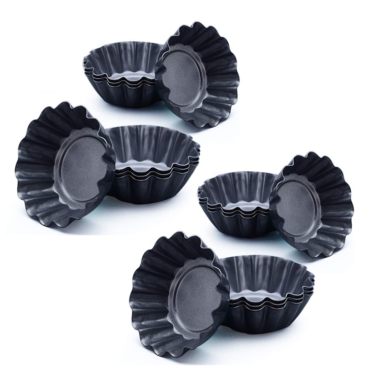 12 db QttvbTna tortás sütőforma készlet, szénacél, kerek, fekete, 6,4x2,3 cm