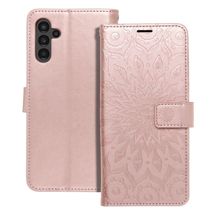 Samsung Galaxy A13 5G / A04s kompatibilis könyvtok, bankkártyatartós, mágneszáras, mandala mintás, rose gold, Forcell Mezzo