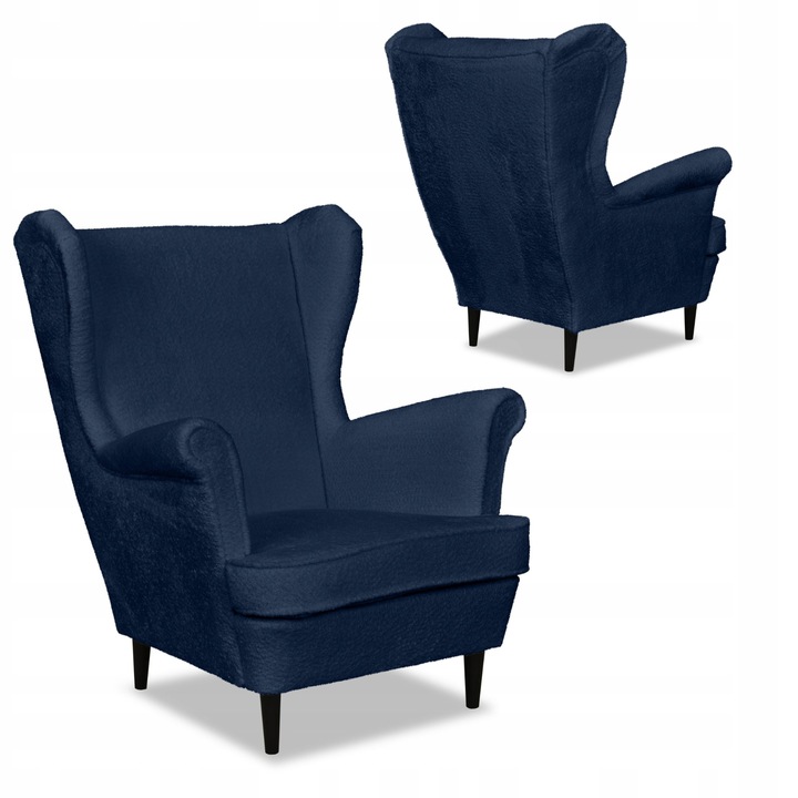 Skandináv beltéri fotel, Bella modell, bársony/bükkfa, sötétkék, 104 x 84 x 92 cm