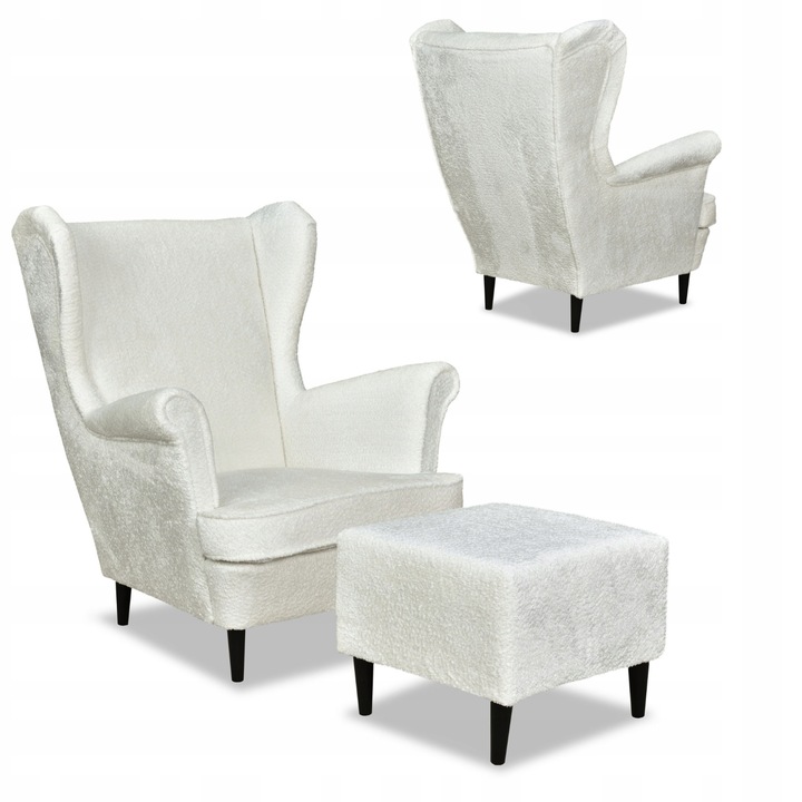 Beltéri skandináv fotel, lábtartóval, Bella modell, Bársony/Bükkfa, Fehér, 104 x 84 x 92 cm