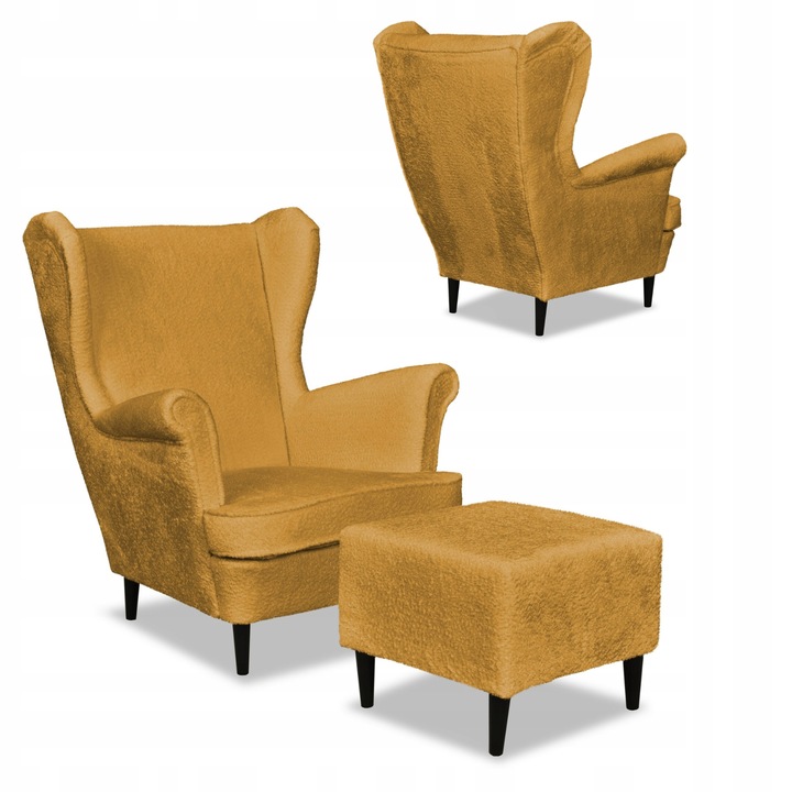 Beltéri skandináv fotel, lábtartóval, Bella modell, Bársony/Bükkfa, Mustársárga, 104 x 84 x 92 cm