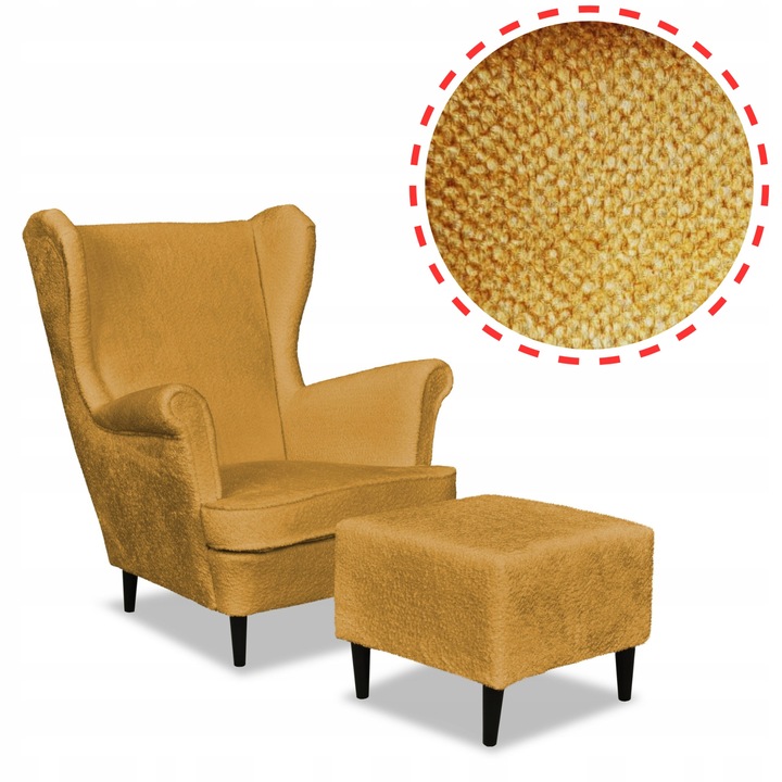 Fotoliu interior Scandinav, cu suport picioare, model Bella, Catifea/Lemn fag, Galben mustar, 104 x 84 x 92 cm