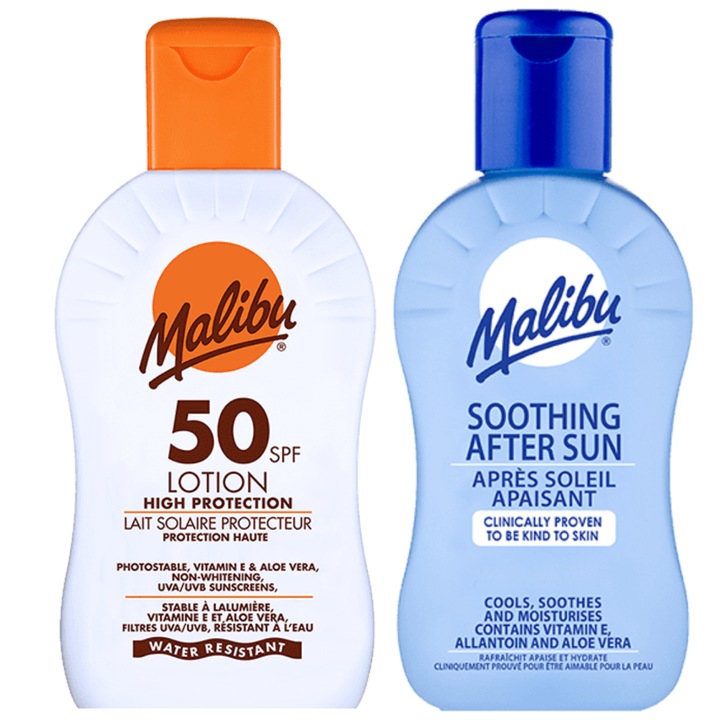 Set protectie solara, Malibu, Lotiune SPF50 100ml + Balsam de bronzare 100 ml