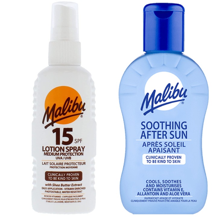 Malibu SPF15 vízálló spray 100ml + barnulás utáni balzsam 100ml szett, minden bőrtípusra, uniszex