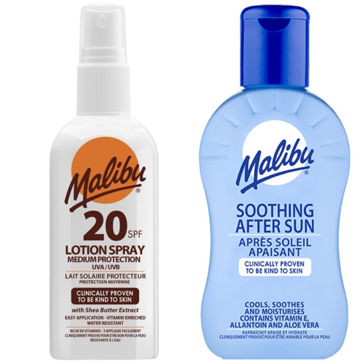 Malibu vízálló spray SPF20 100ml + napozás utáni balzsam 100ml, uniszex, normál, E-vitaminnal és aloe verával