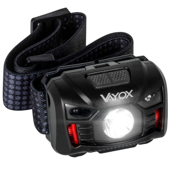 Vayox VA0020 LED челник, XM-L Q5 3W 100lm, един сензор за движение, USB-C, 5 режима на светене, водоустойчив IP66, черен