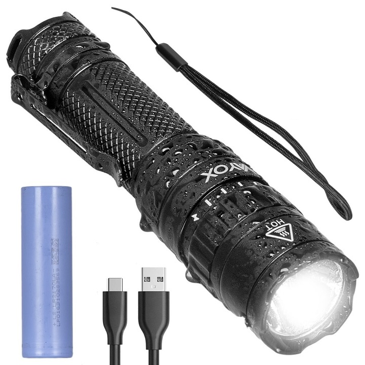 Фенер Vayox VA0077, LED, тактически, алуминий, източник SST-40 20W, професионален, включена батерия, водоустойчивост, USB-C зареждане, 1500 лумена, черен