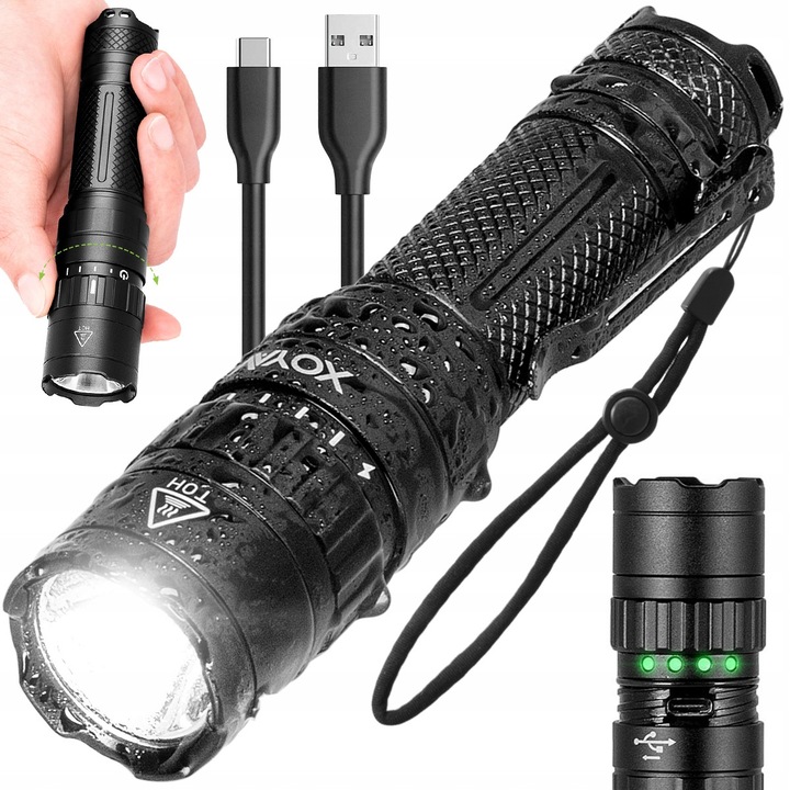 Lanterna tactica LED Vayox VA0077, din aluminiu, sursa SST-40 20W, profesionala, acumulator inclus, rezistenta la apa, incarcare USB-C, 1500 lumeni, Negru