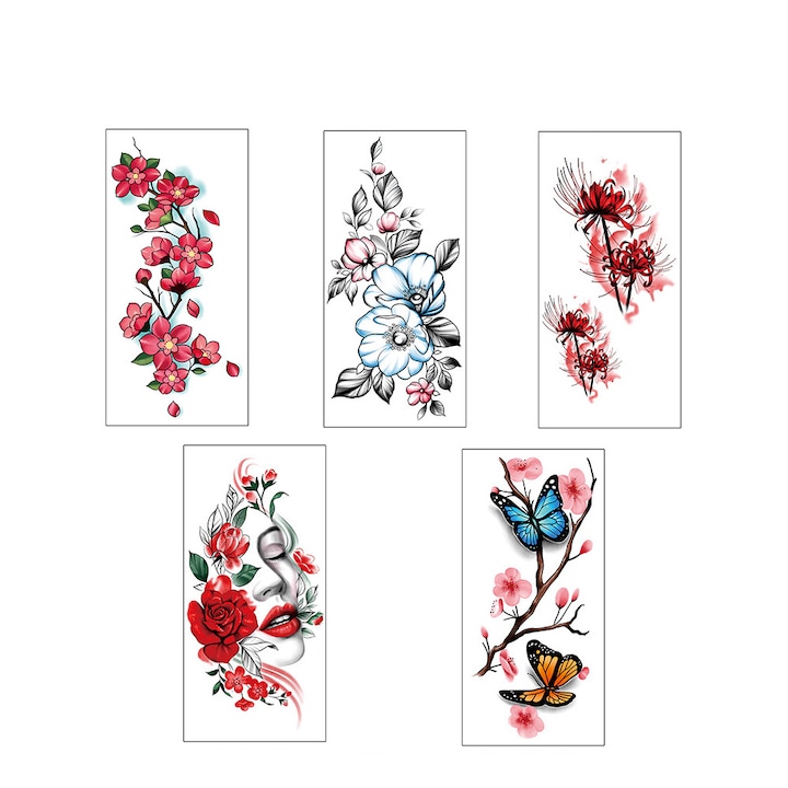 Set de 5 autocolante pentru tatuaje pentru brat complet, LXNZUHN, Model de flori si fluturi, Non-toxice si sigure, Potrivite pentru toate tenurile, 170x480mm, Multicolor