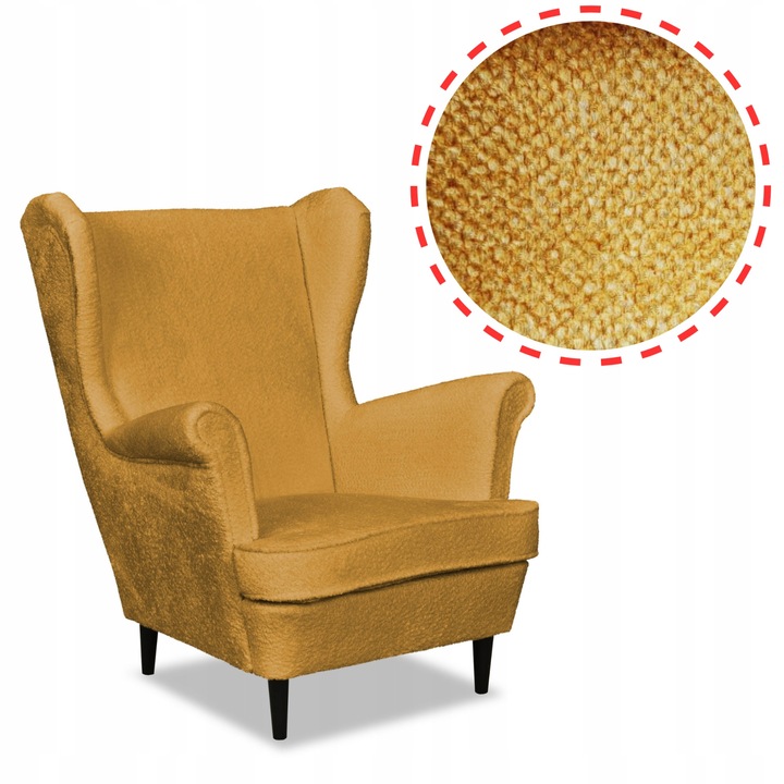 Fotoliu interior Scandinav, model Bella, Catifea/Lemn fag, Galben mustar, 104 x 84 x 92 cm