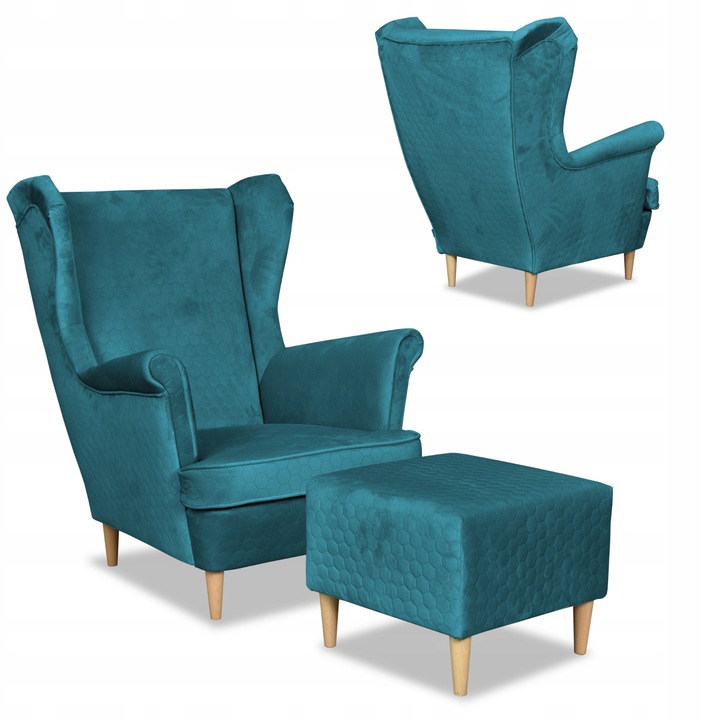 Fotel lábtartóval, Angelo modell, Bársony/Bükkfa, Türkiz, 104 x 84 x 92 cm