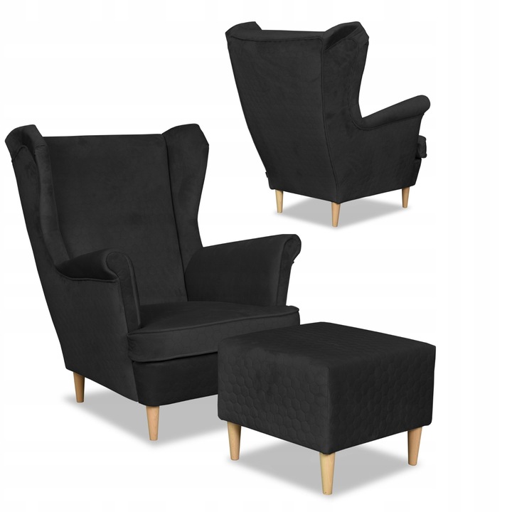 Fotel lábtartóval, Angelo modell, Bársony/Bükkfa, Fekete, 104 x 84 x 92 cm