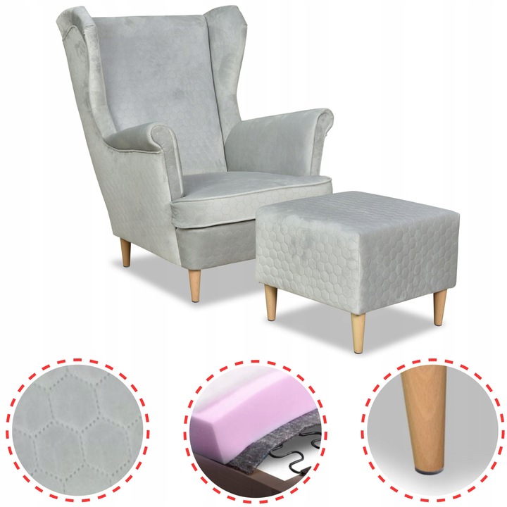 Fotel lábtartóval, Angelo modell, Bársony/Bükkfa, Szürke, 104 x 84 x 92 cm