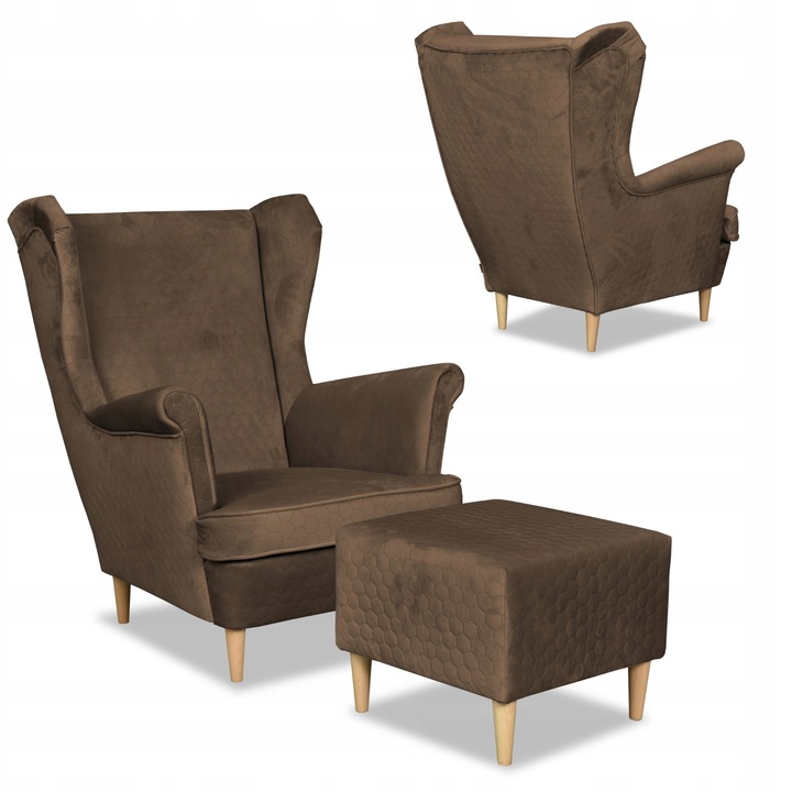 Fotel lábtartóval, Angelo modell, Bársony/Bükkfa, Barna, 104 x 84 x 92 cm