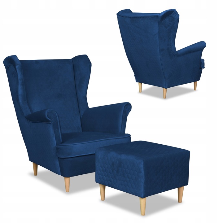 Fotel lábtartóval, Angelo modell, Bársony/Bükkfa, Sötétkék, 104 x 84 x 92 cm