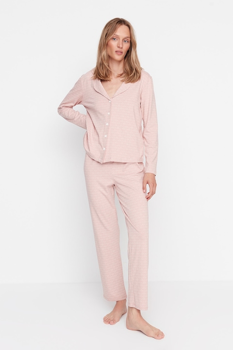 Trendyol, Pijama de bumbac cu imprimeu, Roz pastel, XS