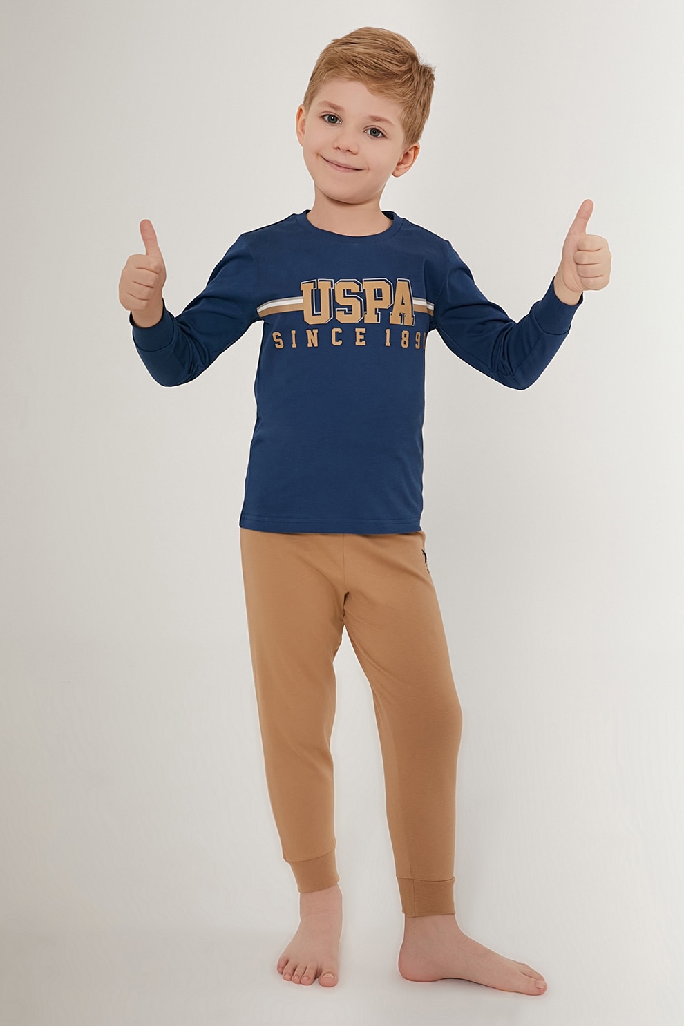 U.S. Polo Assn., Pijama cu imprimeu logo si pantaloni lungi, Albastru inchis, Portocaliu persan, 116-122 CM