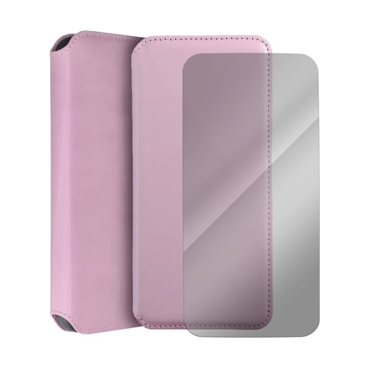 Капак тип книга и комплект 2.5D стъклено фолио, съвместим със Samsung Galaxy A03, защитено стъкло, кожа със слот за карта, елегантен дизайн, магнитно затваряне, джоб за портфейл, розов