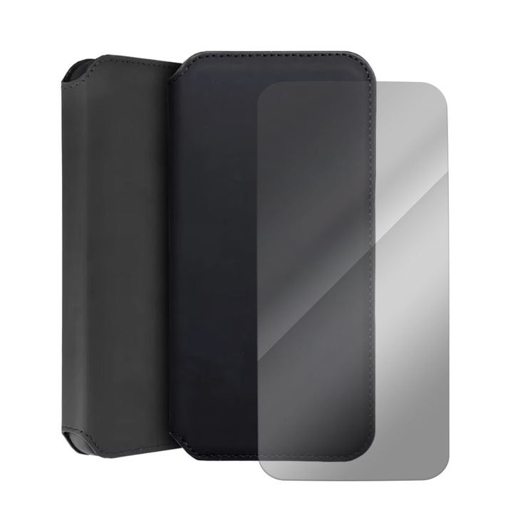 Комплект капаци за книги и 2.5D стъклено фолио, съвместими със Samsung Galaxy A03, защитено стъкло, кожа със слот за карта, елегантен дизайн, магнитно затваряне, джоб за портфейл, черен