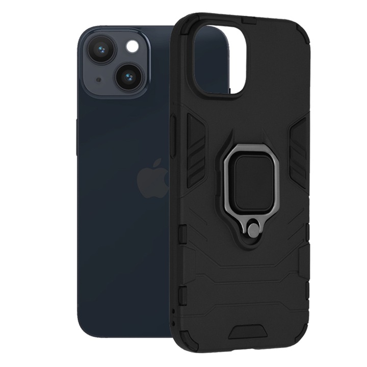 Калъф COMANDO Armor Ring, съвместим с iPhone 14, Tactical Defense Protect, Hybrid Antishock, Интегрирана метална пластина за закрепване на стойка за кола, въртящ се на 360 градуса пръстен, PVC и PC, черен