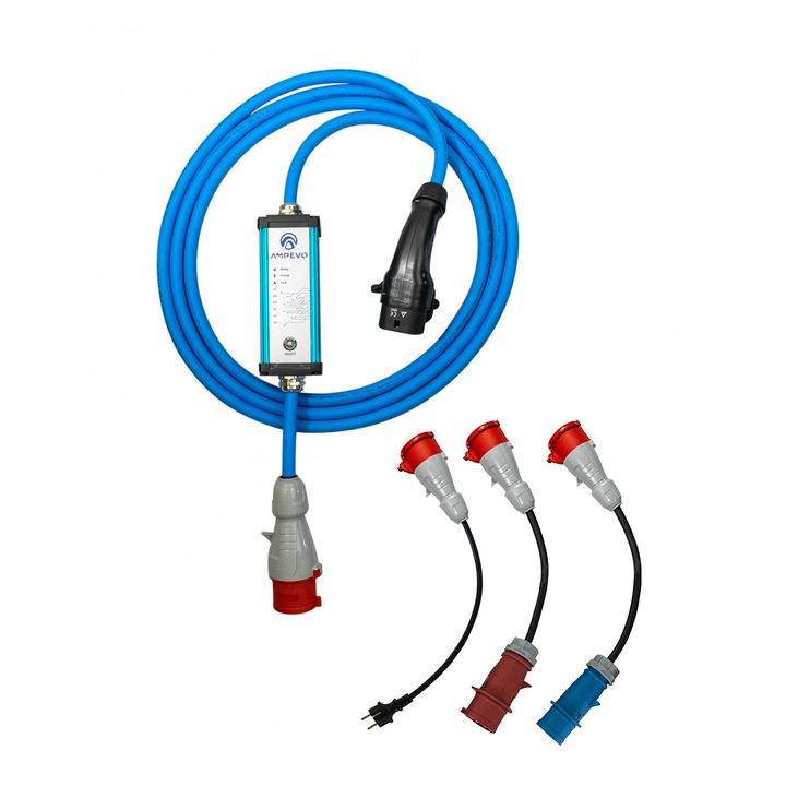 Statie incarcare portabila AMPEVO, curent setabil 10/12/16/20/24/32A, 22kW, trifazat, conector Type 2, IP65, IK10, AMP322MC-B/C, Pachet adaptoare, AMPEVO