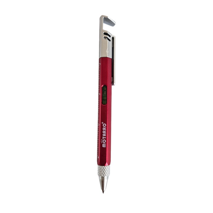 Мултифункционална химикалка, 6 в 1, червено, синьо надписване, химикалка, поставка за телефон, линийка, двуглава отвертка, мини нивелир