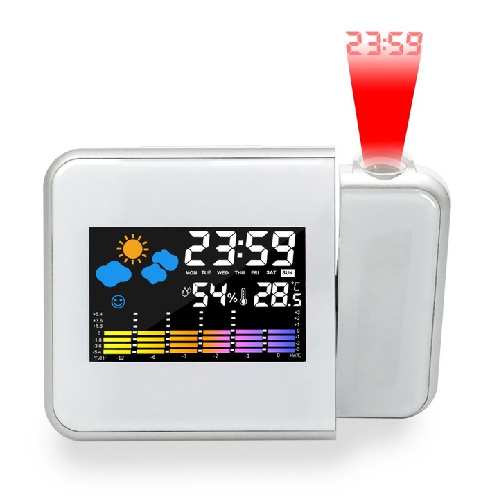 Ceas desteptator electronic multifunctional, proiector, ecran color, alb, digital