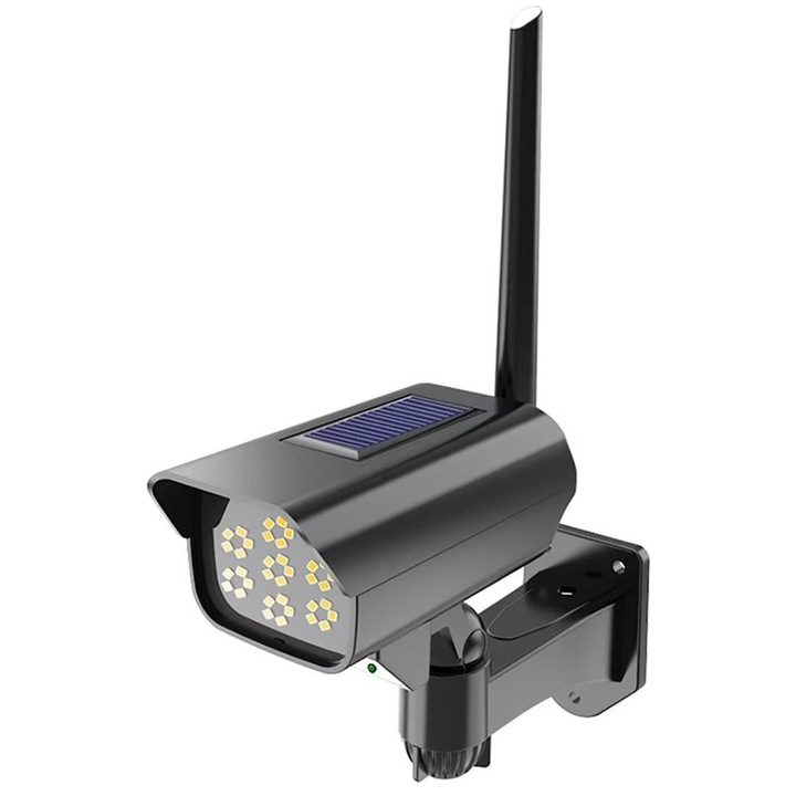 Lampa Solara EDAR Tip Camera Falsa, 35 LED-uri, Senzor Detectie Miscare, Telecomanda Inclusa, Panou Solar, Negru
