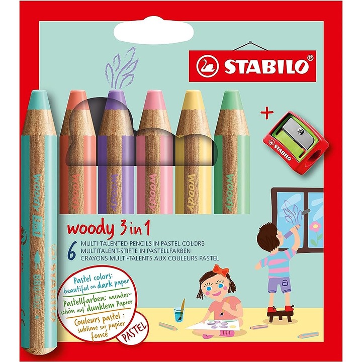 Set creion colorat Stabilo Woody 3 in 1 pastel, gros, 6 culori