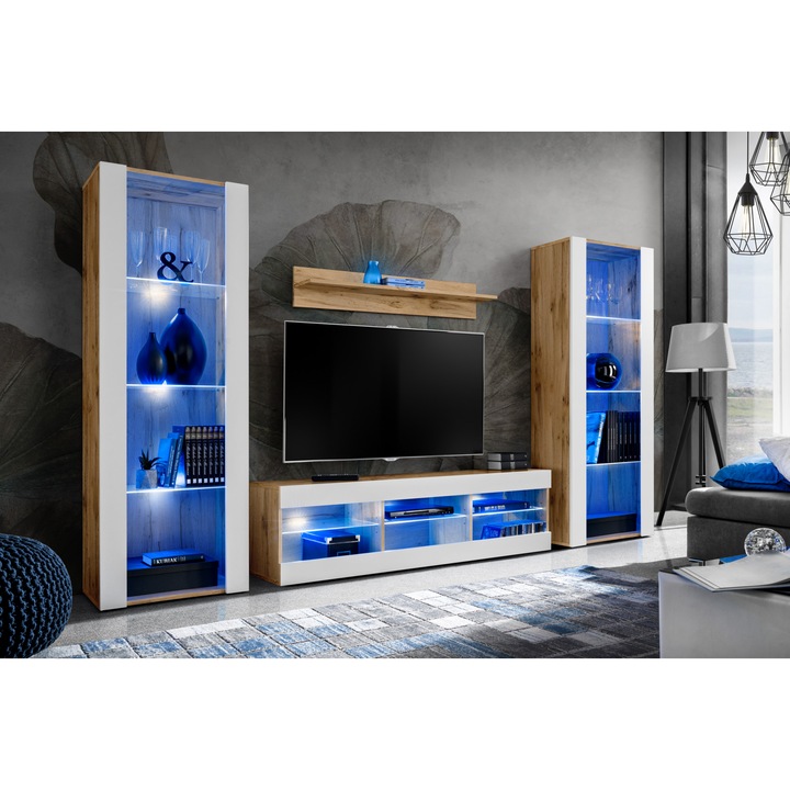 Set Mobila Living Tivoli Set Grande, Komodee, PAL, 250 x 159 x 35 cm, LED albastru, Wotan/Alb