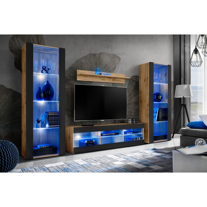 Set Mobila Living Tivoli Set Grande, Komodee, PAL, 250 x 159 x 35 cm, LED albastru, Wotan/Negru