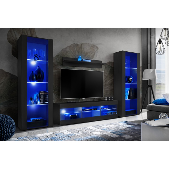 Set Mobila Living Tivoli Set Grande, Komodee, PAL, 250 x 159 x 35 cm, LED albastru, Negru/Negru