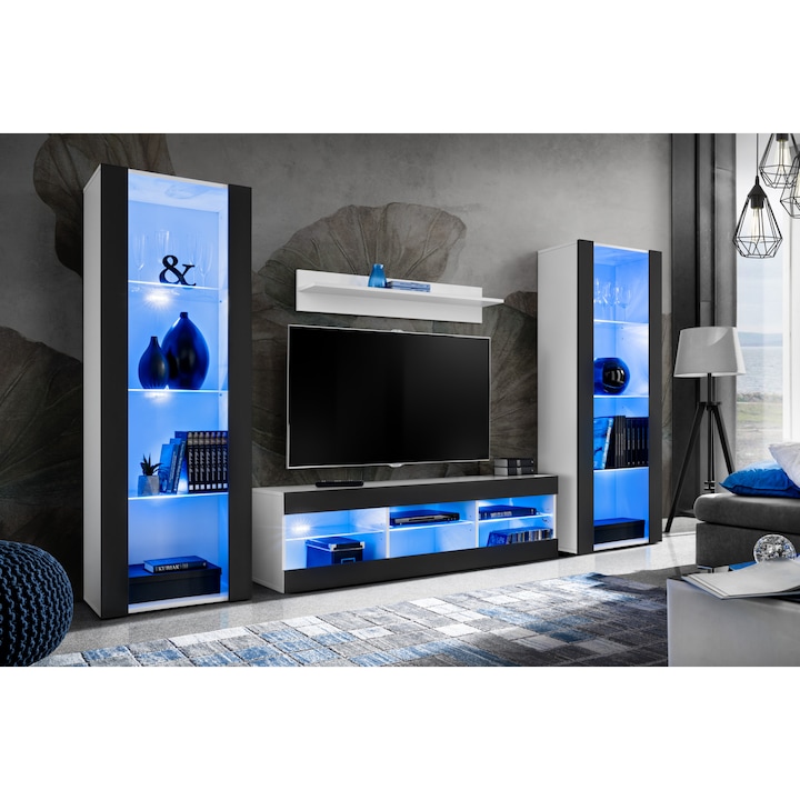Set Mobila Living Tivoli Set Grande, Komodee, PAL, 250 x 159 x 35 cm, LED albastru, Alb/Negru